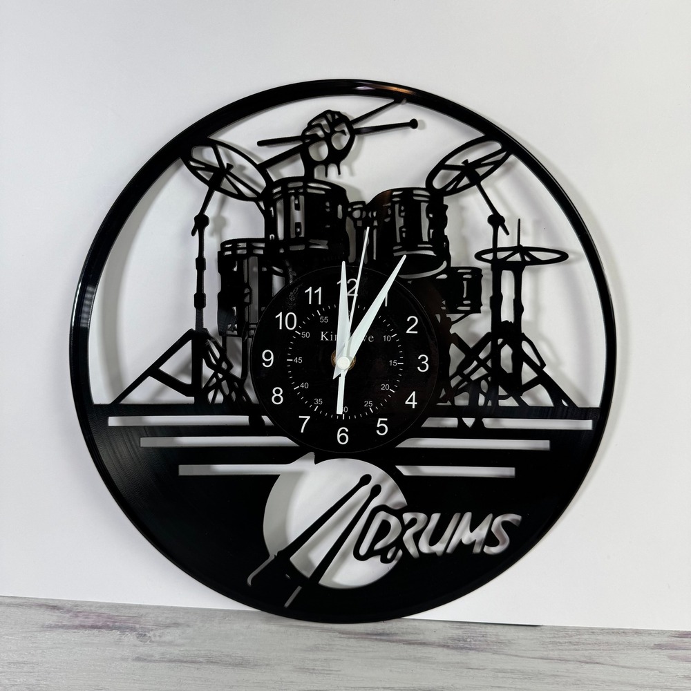 Vintage Vinyl Record Wall Clock Drum Set Silhouette Music Room Decor 12" EUC